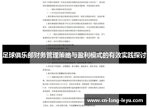 足球俱乐部财务管理策略与盈利模式的有效实践探讨